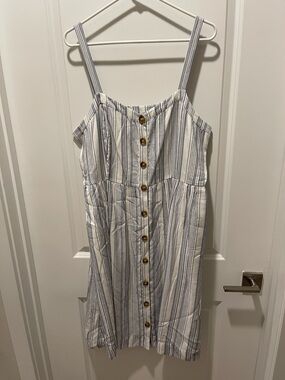 LOFT Button Front White and Blue Striped Dress